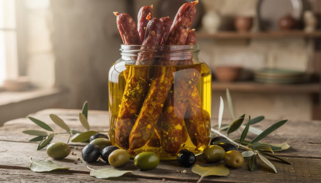 descubre los auténticos chorizos de orza de albacete, conservados tradicionalmente en aceite de oliva virgen para mantener su sabor y calidad excepcionales.