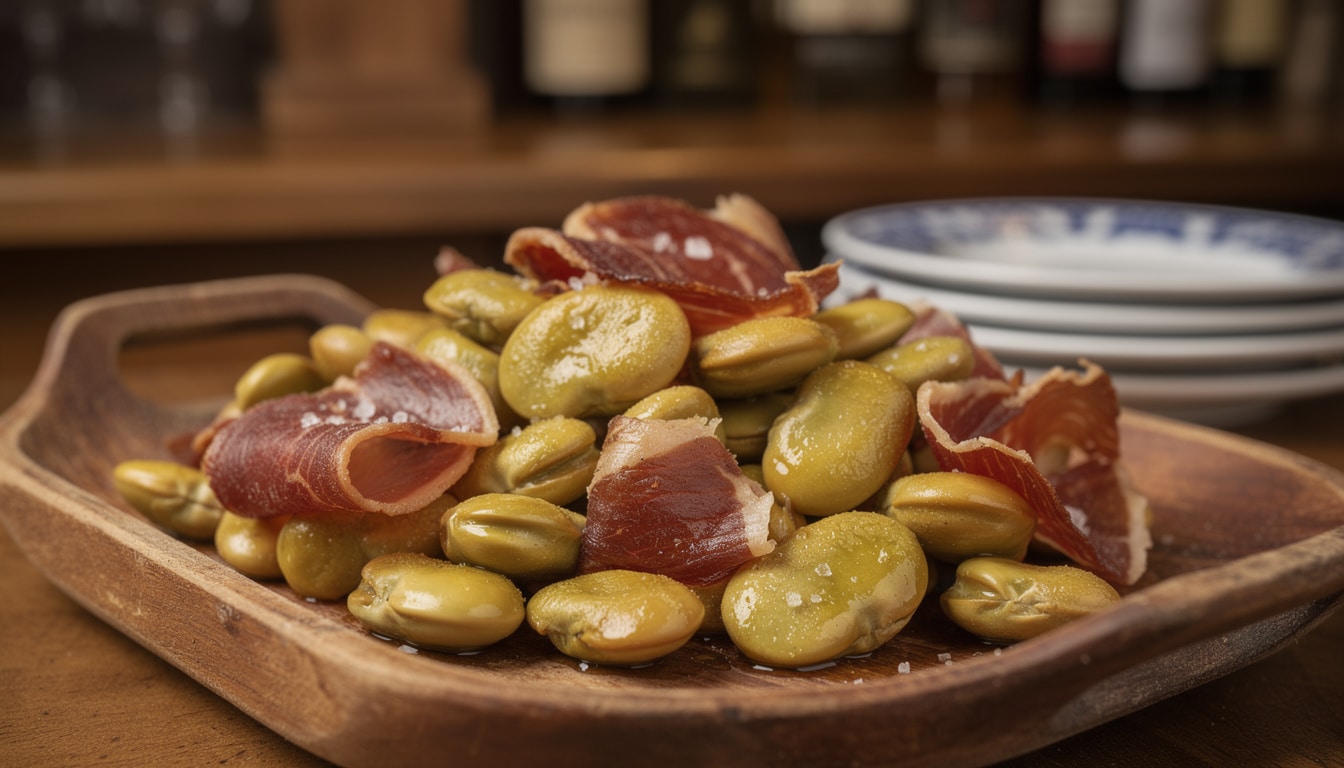 disfruta de las habas fritas con jamón de albacete, una tapa clásica y deliciosa que no puede faltar en los bares tradicionales.