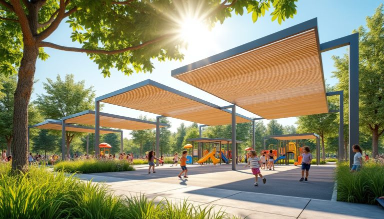 descubre cómo la instalación estética de pérgolas bioclimáticas mejora la temperatura y revitaliza las áreas de juegos infantiles durante el verano, creando espacios frescos y confortables.