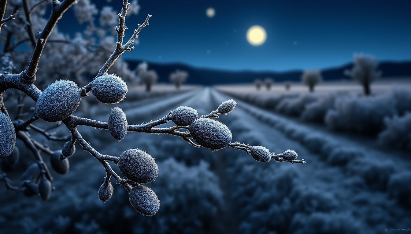 las heladas negras nocturnas causan daños biológicos devastadores a los primeros y delicados brotes en las explotaciones de almendros, afectando la producción agrícola.